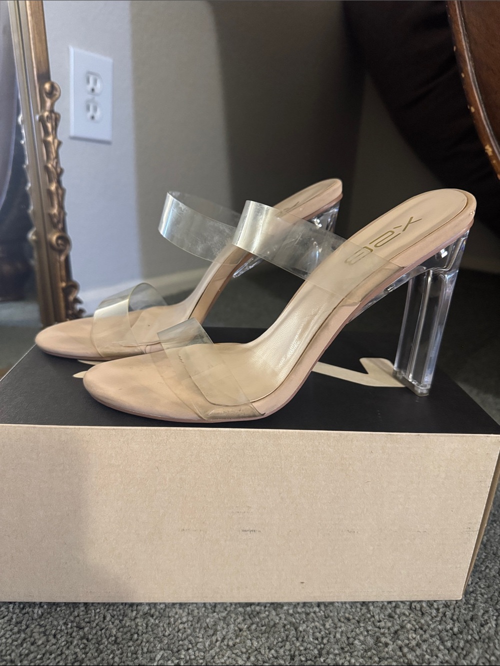 Clear Strap Nude Heeled Mules